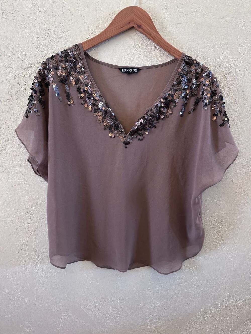 Express Sequin Embellished V-Neck Chiffon Blouse Size S